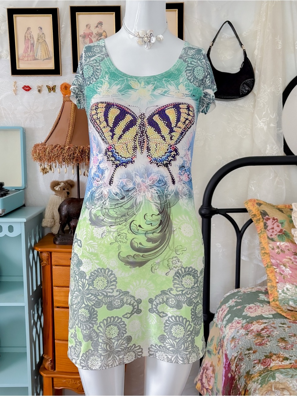 Y2K vintage fairy rave girly butterfly rhinestone sheer lace back mini dress